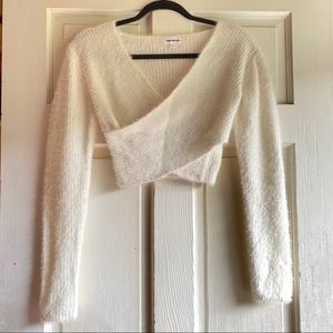 Superdown fuzzy wrap crop knitted sweater Sz S